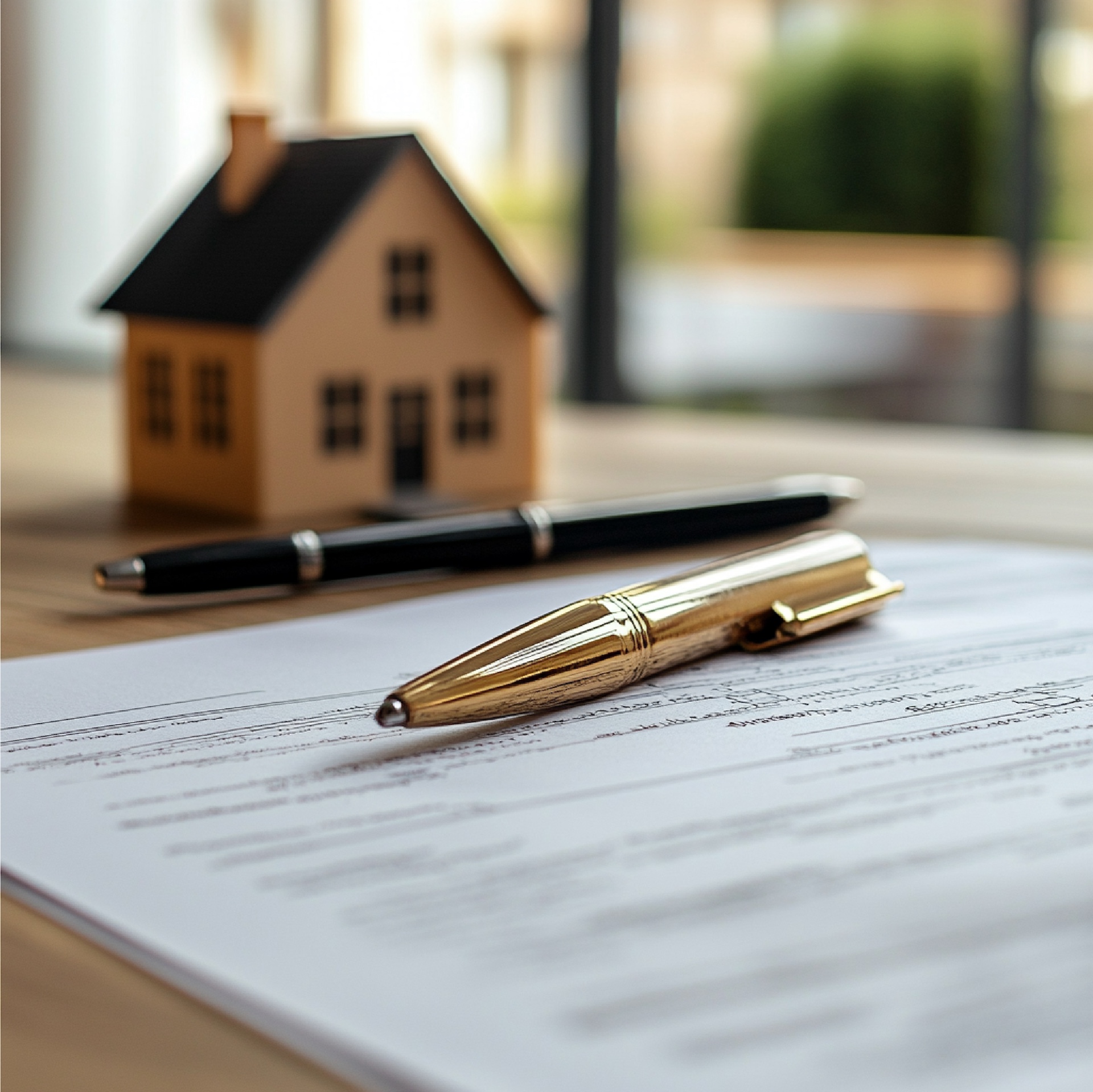 Close-up of estate planning documents on a desk with a model house and pen, representing inheritance tax planning, wills and long-term wealth protection.